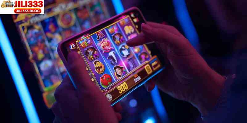 Player enjoying video slots on mobile phone device