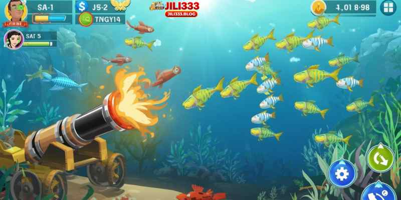The typical interface of a fishing game app includes a cannon, moving fish, and score indicators.